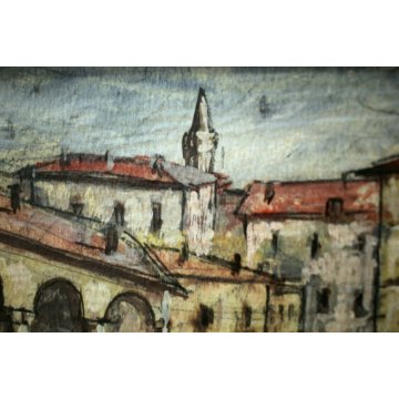 PICCOLO QUADRO DIPINTO ACQUERELLO Luigi Fumagalli ARCHITETTURA CITTA PORTICI 900