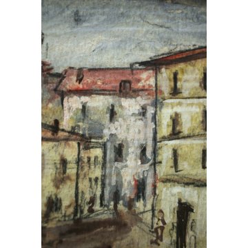PICCOLO QUADRO DIPINTO ACQUERELLO Luigi Fumagalli ARCHITETTURA CITTA PORTICI 900