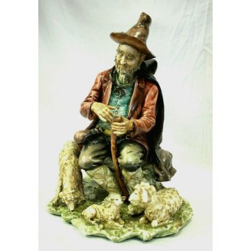 SCULTURA TUTTOTONDO CAPODIMONTE NAPOLI PORCELLANA POLICROMA PASTORE PECORE