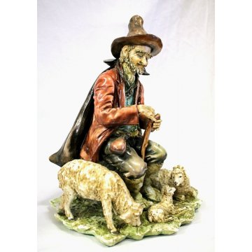 SCULTURA TUTTOTONDO CAPODIMONTE NAPOLI PORCELLANA POLICROMA PASTORE PECORE