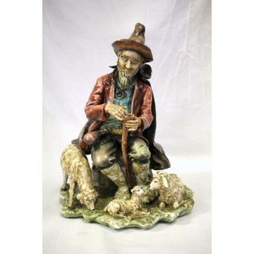 SCULTURA TUTTOTONDO CAPODIMONTE NAPOLI PORCELLANA POLICROMA PASTORE PECORE