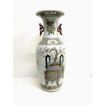 GRANDE ANTICO VASO PORCELLANA FAMILLE ROSE CINA DECORO FLOREALE POLICROMO 58 cm