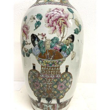 GRANDE ANTICO VASO PORCELLANA FAMILLE ROSE CINA DECORO FLOREALE POLICROMO 58 cm