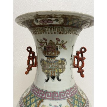 GRANDE ANTICO VASO PORCELLANA FAMILLE ROSE CINA DECORO FLOREALE POLICROMO 58 cm