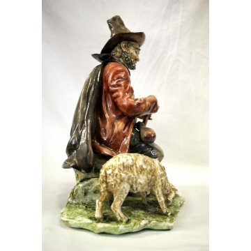 SCULTURA TUTTOTONDO CAPODIMONTE NAPOLI PORCELLANA POLICROMA PASTORE PECORE