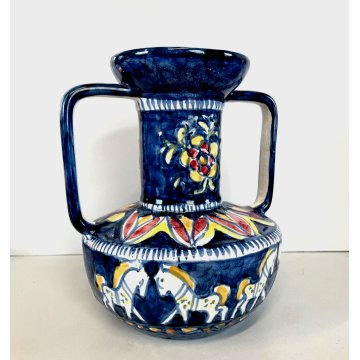 VASO VINTAGE MAIOLICA BIANSATO Blue DECORO CAVALLO LIGURIA PORTOVENERE ANNI '60