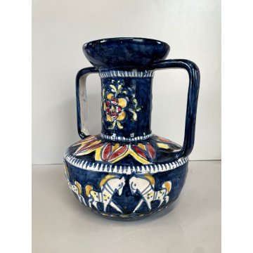 VASO VINTAGE MAIOLICA BIANSATO Blue DECORO CAVALLO LIGURIA PORTOVENERE ANNI '60