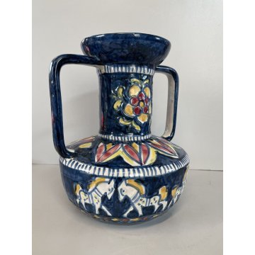 VASO VINTAGE MAIOLICA BIANSATO Blue DECORO CAVALLO LIGURIA PORTOVENERE ANNI '60