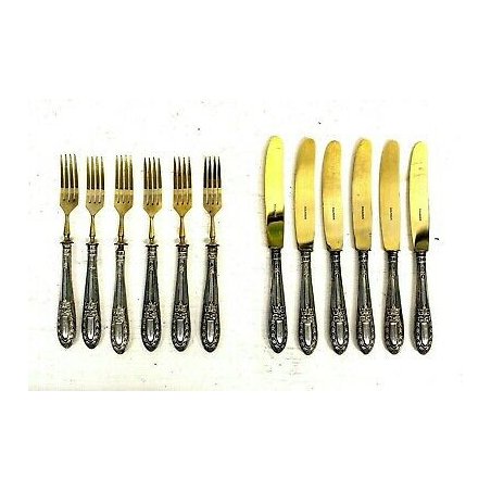 ANTICO SERVIZIO POSATE DOLCE  LIBERTY LAMINA ARGENTO 800 LAMA DORATA soligen '40