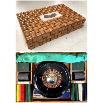 VINTAGE SET CASINO' ROULETTE WOODEN BOX GIOCO CARTE POKER ROULETTE FICHES DADI