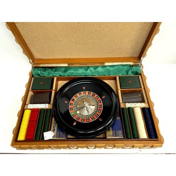 VINTAGE SET CASINO' ROULETTE WOODEN BOX GIOCO CARTE POKER ROULETTE FICHES DADI