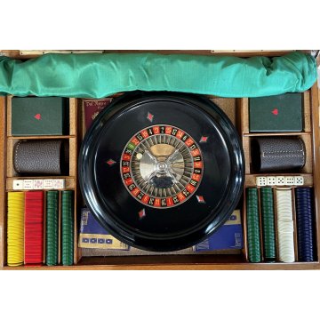 VINTAGE SET CASINO' ROULETTE WOODEN BOX GIOCO CARTE POKER ROULETTE FICHES DADI