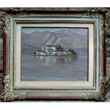 QUADRO DIPINTO OLIO TAVOLA G.Rossi PAESAGGIO LACUSTRE LAGO ORTA ISOLA SAN GIULIO