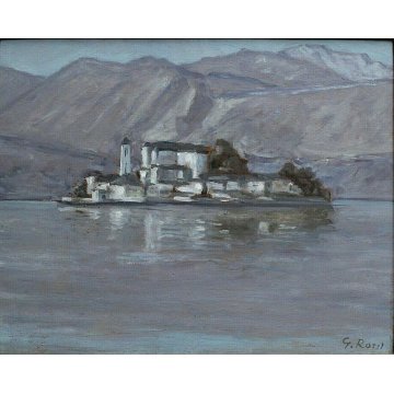 QUADRO DIPINTO OLIO TAVOLA G.Rossi PAESAGGIO LACUSTRE LAGO ORTA ISOLA SAN GIULIO