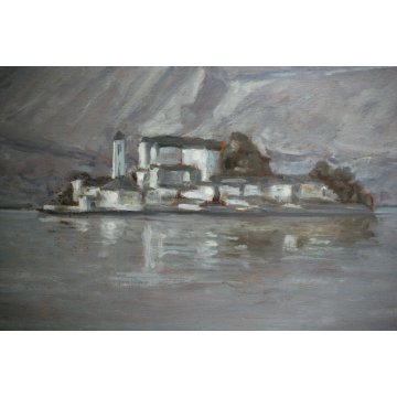 QUADRO DIPINTO OLIO TAVOLA G.Rossi PAESAGGIO LACUSTRE LAGO ORTA ISOLA SAN GIULIO