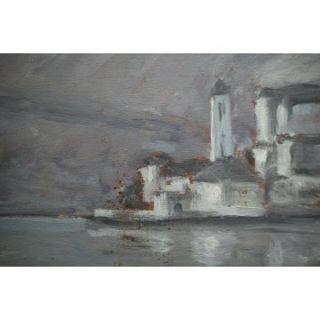 QUADRO DIPINTO OLIO TAVOLA G.Rossi PAESAGGIO LACUSTRE LAGO ORTA ISOLA SAN GIULIO