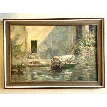 GRANDE QUADRO DIPINTO OLIO Costantino Anselmi PAESAGGIO LACUSTRE BARCHE '900