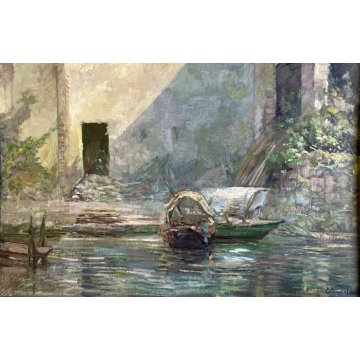 GRANDE QUADRO DIPINTO OLIO Costantino Anselmi PAESAGGIO LACUSTRE BARCHE '900