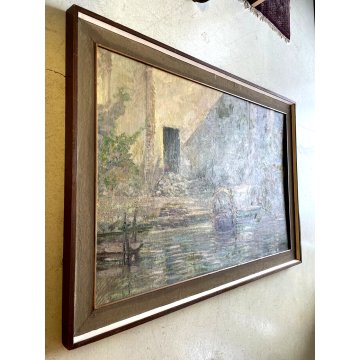 GRANDE QUADRO DIPINTO OLIO Costantino Anselmi PAESAGGIO LACUSTRE BARCHE '900