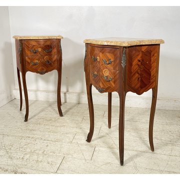 ANTICA COPPIA COMODINO MARMO Stile Luigi XV LEGNO INTARSIATO COMODINI PRIMI 1900