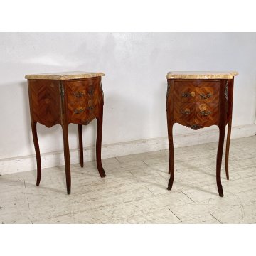 ANTICA COPPIA COMODINO MARMO Stile Luigi XV LEGNO INTARSIATO COMODINI PRIMI 1900