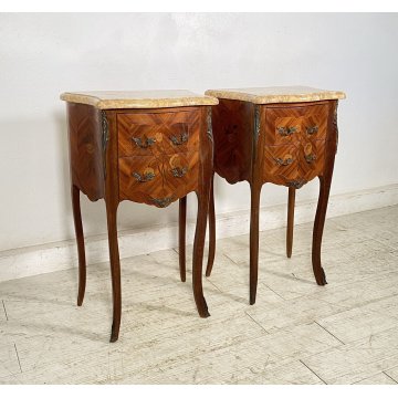 ANTICA COPPIA COMODINO MARMO Stile Luigi XV LEGNO INTARSIATO COMODINI PRIMI 1900