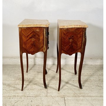 ANTICA COPPIA COMODINO MARMO Stile Luigi XV LEGNO INTARSIATO COMODINI PRIMI 1900