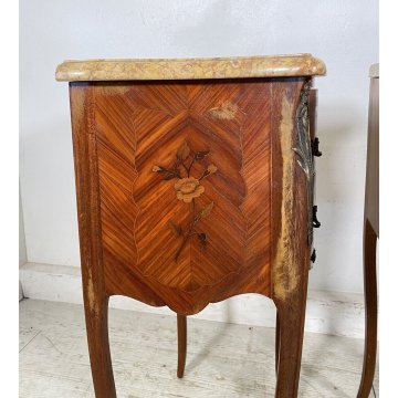 ANTICA COPPIA COMODINO MARMO Stile Luigi XV LEGNO INTARSIATO COMODINI PRIMI 1900