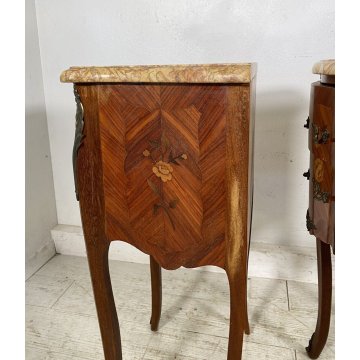 ANTICA COPPIA COMODINO MARMO Stile Luigi XV LEGNO INTARSIATO COMODINI PRIMI 1900