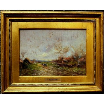 ANTICO QUADRO DIPINTO OLIO TAVOLA Fulvio Tessitore PAESAGGIO CAMPANO CARRO '800 