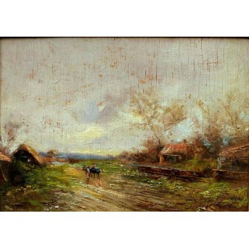 ANTICO QUADRO DIPINTO OLIO TAVOLA Fulvio Tessitore PAESAGGIO CAMPANO CARRO '800 