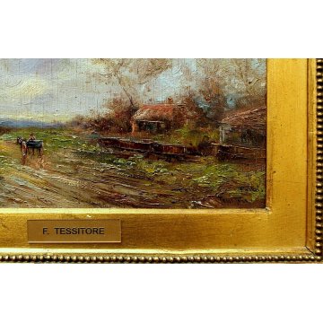 ANTICO QUADRO DIPINTO OLIO TAVOLA Fulvio Tessitore PAESAGGIO CAMPANO CARRO '800 