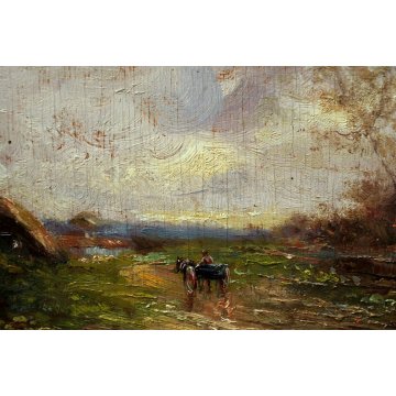 ANTICO QUADRO DIPINTO OLIO TAVOLA Fulvio Tessitore PAESAGGIO CAMPANO CARRO '800 
