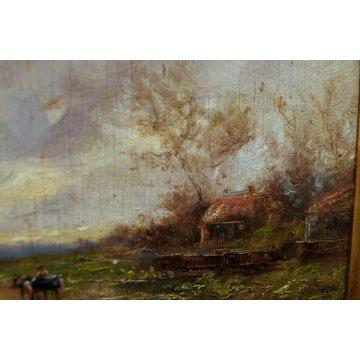 ANTICO QUADRO DIPINTO OLIO TAVOLA Fulvio Tessitore PAESAGGIO CAMPANO CARRO '800 