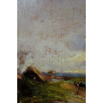 ANTICO QUADRO DIPINTO OLIO TAVOLA Fulvio Tessitore PAESAGGIO CAMPANO CARRO '800 