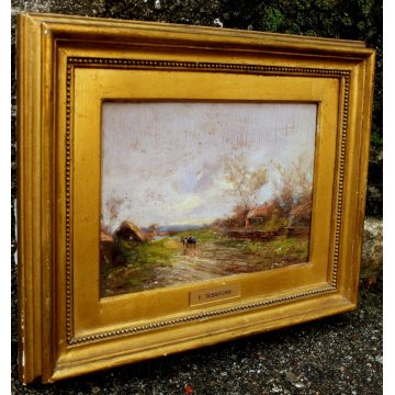 ANTICO QUADRO DIPINTO OLIO TAVOLA Fulvio Tessitore PAESAGGIO CAMPANO CARRO '800 