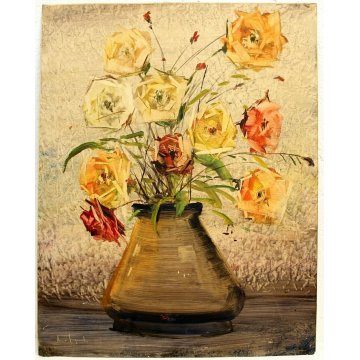 ANTICO DIPINTO OLIO CARTONE FIRMATO NATURA MORTA  VASO BOUQUET ROSE VINTAGE '70 
