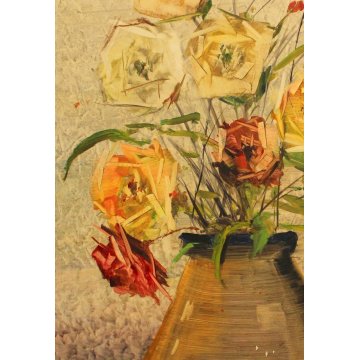 ANTICO DIPINTO OLIO CARTONE FIRMATO NATURA MORTA  VASO BOUQUET ROSE VINTAGE '70 
