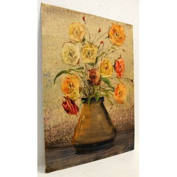 ANTICO DIPINTO OLIO CARTONE FIRMATO NATURA MORTA  VASO BOUQUET ROSE VINTAGE '70 