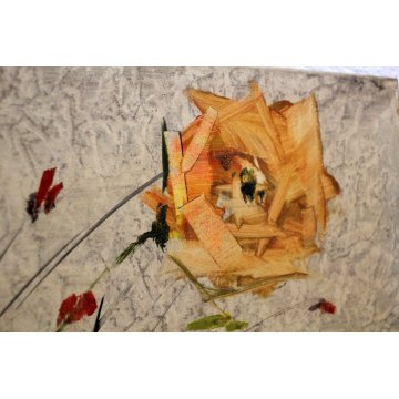 ANTICO DIPINTO OLIO CARTONE FIRMATO NATURA MORTA  VASO BOUQUET ROSE VINTAGE '70 
