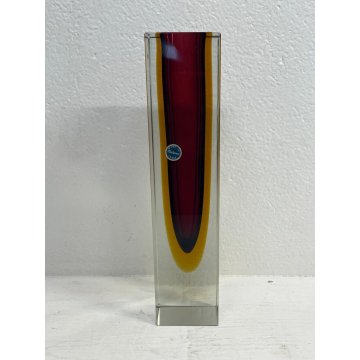 RARO VASO VETRO SOMMERSO 30 cm  MURANO FLAVIO POLI ROSSO GIALLO ANNI 70 ITALIA