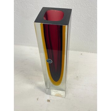 RARO VASO VETRO SOMMERSO 30 cm  MURANO FLAVIO POLI ROSSO GIALLO ANNI 70 ITALIA