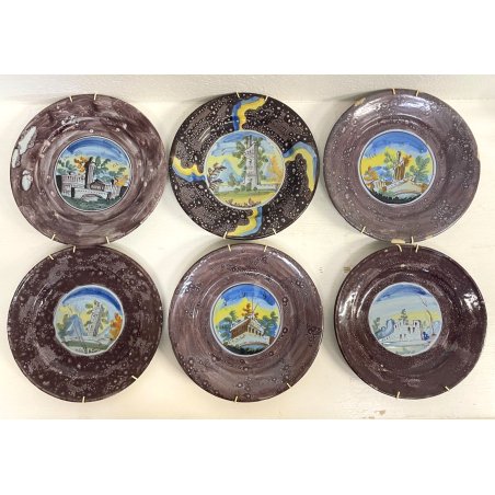 LOTTO 6 PZ PIATTO CERAMICA MAIOLICA EPOCA 1700 DIPINTO ROVINE CASTELLO ø 23 cm