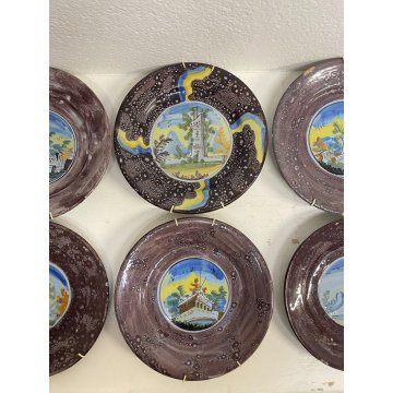 LOTTO 6 PZ PIATTO CERAMICA MAIOLICA EPOCA 1700 DIPINTO ROVINE CASTELLO ø 23 cm