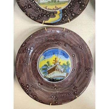 LOTTO 6 PZ PIATTO CERAMICA MAIOLICA EPOCA 1700 DIPINTO ROVINE CASTELLO ø 23 cm