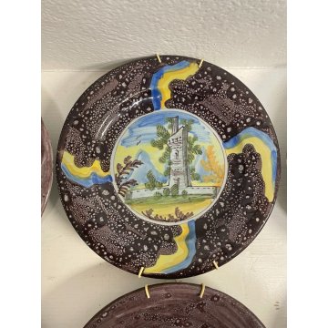 LOTTO 6 PZ PIATTO CERAMICA MAIOLICA EPOCA 1700 DIPINTO ROVINE CASTELLO ø 23 cm