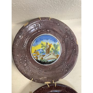 LOTTO 6 PZ PIATTO CERAMICA MAIOLICA EPOCA 1700 DIPINTO ROVINE CASTELLO ø 23 cm