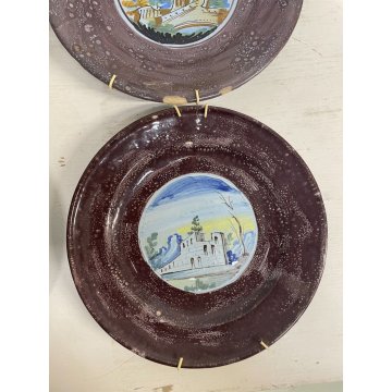 LOTTO 6 PZ PIATTO CERAMICA MAIOLICA EPOCA 1700 DIPINTO ROVINE CASTELLO ø 23 cm