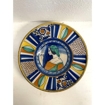 ANTICO PIATTO PARATA MAIOLICA Deruta PROFILO DONNA La Bella lettera M ø 31cm XVI