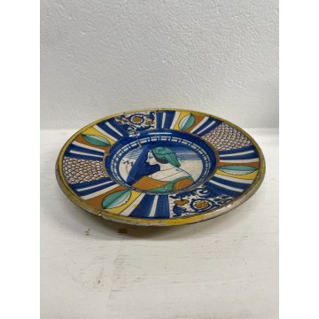 ANTICO PIATTO PARATA MAIOLICA Deruta PROFILO DONNA La Bella lettera M ø 31cm XVI